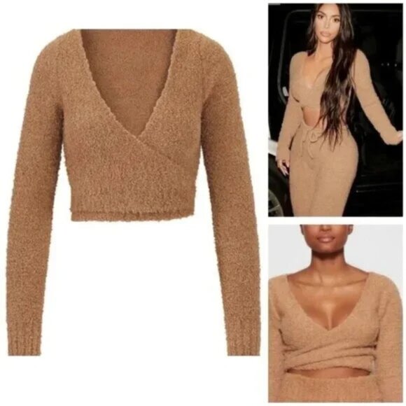 NWT Skims Cozy Knit Wrap Top S/M Camel Crop Boucle Teddy Bear - Picture 3 of 9